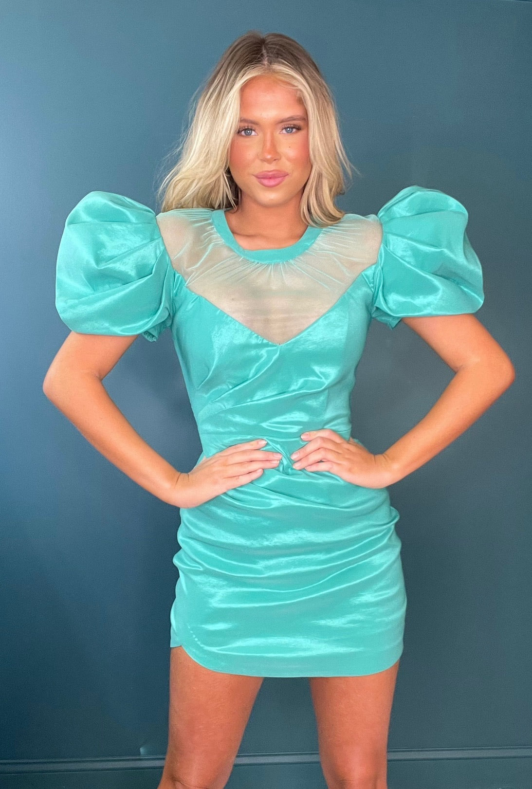 Tiffany Blue Taffeta Puff Sleeve Mini Dress