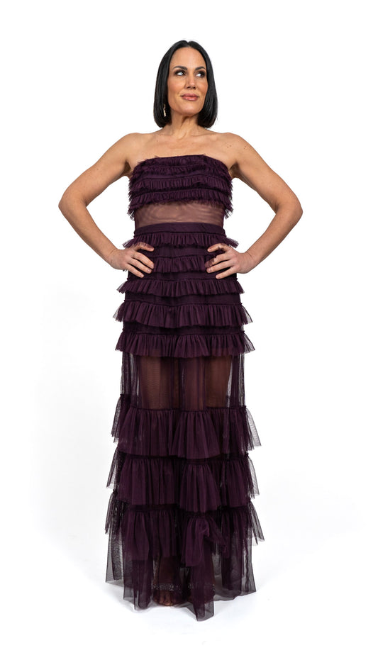 Finley Strapless Tulle Ruffle Gown in Plum
